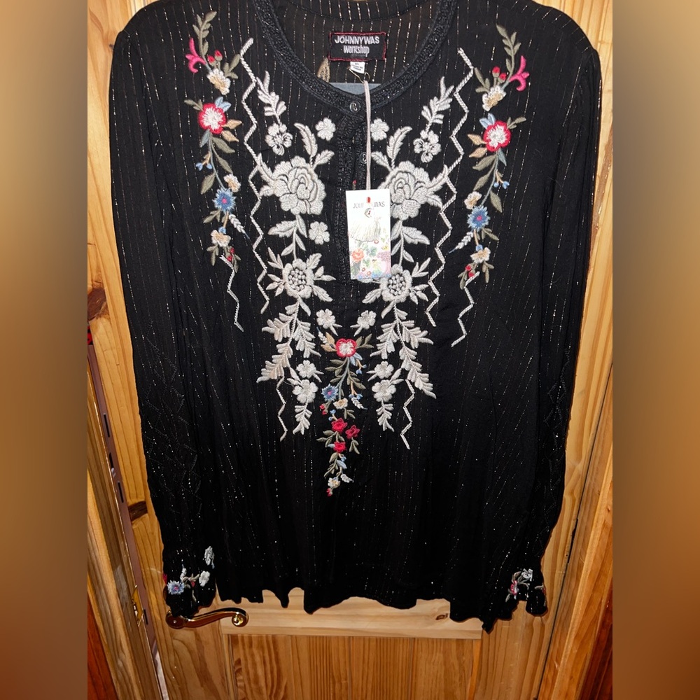 JOHNNY WAS Roma Victorian Prairie Blouse Black With Gold Metallic Stripe XL NWT